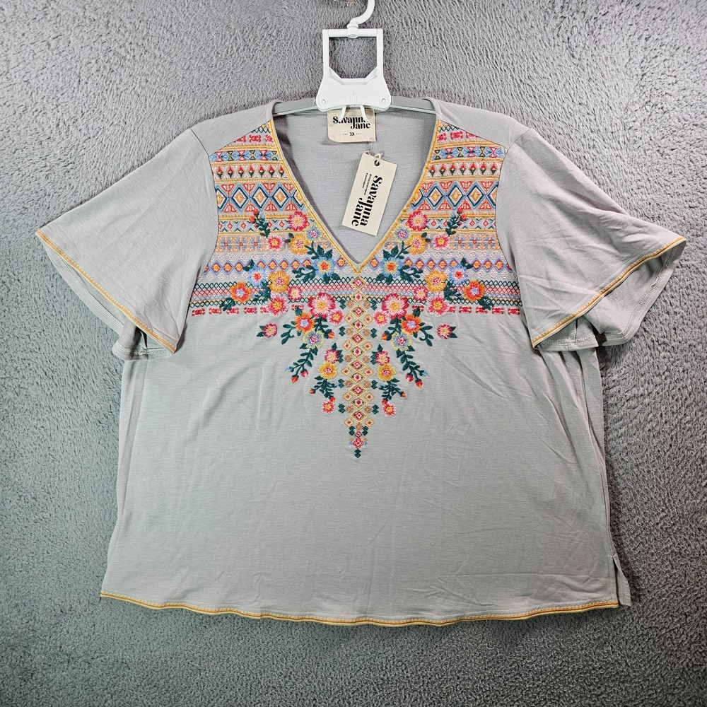 NEW Savanna Jane Top Women 3X Short Sleeve Geometric Embroidered Boho Stretch